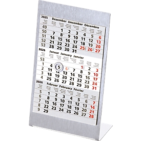 Stainless steel desk calendar 2026/2027, 3 languages, magnetic, 24 pages, date slider, W 105 x H 230 mm, brushed stainless steel