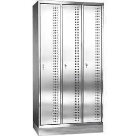 Stainless steel foot locker with feet, 3 compartments, cylinder lock, W 300 mm