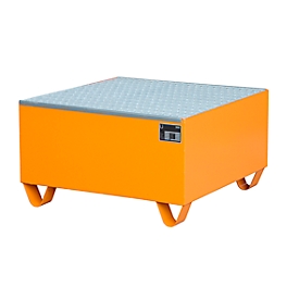 Stalen lekbak met rooster, 800 x 800 mm, oranje RAL 2000