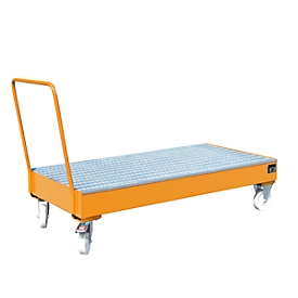 Stalen lekbak met wielen + greep, 1800 x 800 mm, oranje RAL 2000