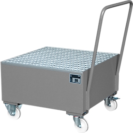 Stalen lekbak met wielen + greep, 800 x 800 mm, grijs RAL 7005