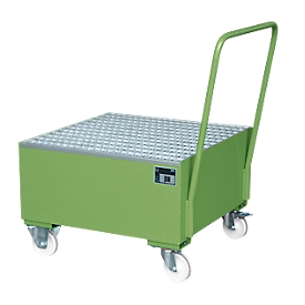 Stalen lekbak met wielen + greep, 800 x 800 mm groen RAL 6011