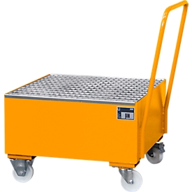 Stalen lekbak met wielen + greep, 800 x 800 mm, oranje RAL 2000