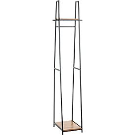 Standgarderobe HAKU, Gesamttragkraft 15 kg, 2 Ablagen, B 380 x T 400 x H 1660 mm, Stahl/Holz, schwarz/dunkles Eiche-Dekor