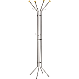 Standing coat rack, 4 wooden knobs, 8 coat hooks, Ø 520 x H 1800 mm, metal and wood, silver