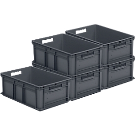 Stapelbak Euro EF 6220 - gerecycled polypropeen - B 600 x D 400 x H 220 mm - 43,5 l - open handgrepen - ijzergrijs - voordeelset: 5 stuks