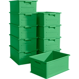 Stapelbak SSI Schäfer serie 14/6-2, inhoud 21 l, tot 30 kg, verzonken handgrepen & etikethouder, polypropeen, groen, 10 stuks