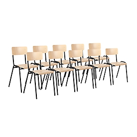 Stapelstuhl Ceha® CS 3, ohne Armlehnen, Sperrholz & Stahlrohr pulverbeschichtet, B 385 x T 390 x H 490 mm, Buche/schwarz, 10 Stück