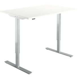 Start Off bureau, elektrisch in hoogte verstelbaar, rechthoekig, T-poot, B 1200 x D 800 x H 755-1255 mm, wit/blank aluminium