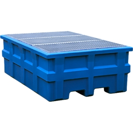 Station IBC, capacité 1000 l, jusqu'à 2000 kg, accessible par le dessous, avec caillebotis galvanisé, polyéthylène, bleu, L 1980 x P 1370 x H 690 mm