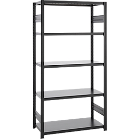Steckregal ORDO Business, Grundregal, modular, 5 Fachböden, Fachlast 130 kg, Feldlast 1000 kg, B 810 x T 535 x H 2500 mm, Stahl, schwarz