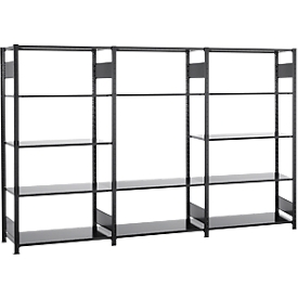 Steckregal Set Schulte Lagertechnik MULTIplus 150, 1 x Grundregal & 2 x Anbauregal, 14 höhenverstellbare Fachböden, B 3000 x T 500 x H 2000 mm, Stahl, schwarz
