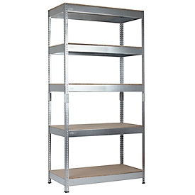 Stecksystem-Schwerlast-Grundregal/ 5 höhenverstellbare Böden/ Fachlast 300 kg/Feldlast 1500 kg/ B 1000 x T 500 x H 2000 mm/ Stahl verzinkt