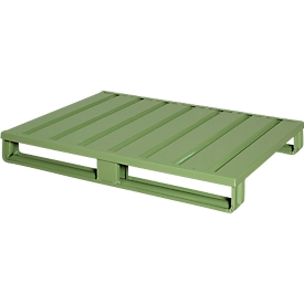 Steel flat pallet, Euro dimension, up to 1500 kg, closed top deck, 2 steel runners, L 1200 x W 800 x H 130 mm, steel, Reseda green RAL 6011