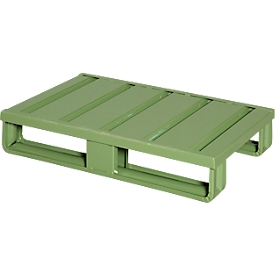 Steel flat pallet, up to 1500 kg, closed top deck, 2 steel runners, L 800 x W 500 x H 130 mm, steel, reseda green RAL 6011