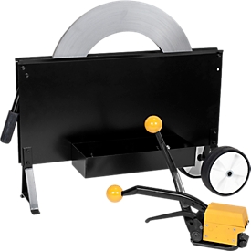Steel strapping set, 1 x sealless strapping tool SL 200/1, 1 x special steel strapping coil and 1 x mobile steel strapping dispenser stand