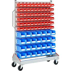 Storeroom container trolley, single sides, W 1130 x D 510 x H 1705 mm, 60 x 0.7 l red, 28 x 7.5 l blue