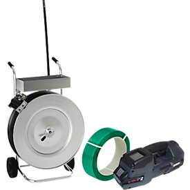 Strapping set, 3-piece, unwinding trolley, Banholzer battery strapping tool and Wenz BXT4-16, PET polyester strap with L 1700 x W 15.5 mm, thickness 0.7 mm