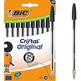 Stylo à bille BIC Cristal Original noir, boîte de 10, 1,0 mm, pointe moyenne