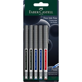 Stylo à bille roulante Faber-Castell « Free Ink », épaisseur de trait 0,4 mm, diamètre de la mine 0,7 mm, assortiment de couleurs, plastique recyclé/métal, lot de 5