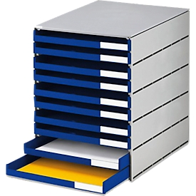 styro® Schubladenbox Styroval Pro, 10 Schubladen, offen,  DIN C4, Polystyrol, öko-grau/blau