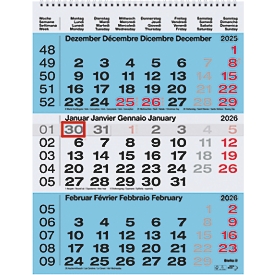 Succes Calendrier 3 mois 2026, reliure à spirales, L 310 x P 400 mm, certifié FSC, multilingue, curseur de date, bleu/blanc