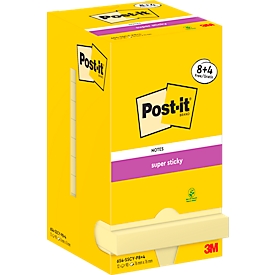 Super Sticky Post-it 654-SSCY-P8+4, 8 Blöcke, 90 Blatt je Block, je 76 x 76 mm, PEFC-zertifiziert, cellophanfrei verpackt, gelb + 4 Blöcke gratis