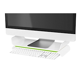 Support de moniteur ergonomique Ergo WOW LEITZ®, jusqu'à 27", L 209 x H 112 mm, réglable en hauteur, espace de rangement pour clavier, blanc/vert
