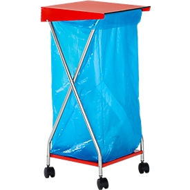 Support mobile pour sac poubelle de 120 litres, avec couvercle rouge