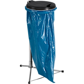 Support pour sacs poubelle de 60 à 120 litres, galvanisé, avec couvercle en plastique