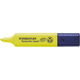 Surligneur Staedtler Textsurfer Classic, pointe biseautée, largeur de trait 1-5 mm, rechargeable, avec capuchon rotatif, plastique recyclé, couleur d'encre jaune, 1 pièce