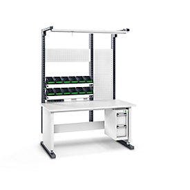 Système de poste de travail Bott Avero Module complet 4, réglable en hauteur par trame de trous, panneau de particules revêtu HPL, jusqu'à 300 kg, gris clair/gris anthracite