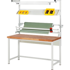 Système de tables d'emballage Rau 02 établi série 8000, L 1500 x P 700 x H 840-1040 mm, plateau en hêtre massif, jusqu'à 1250 kg