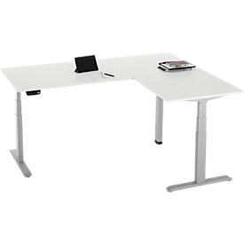 Table d'angle 90°, réglage électrique de la hauteur, technique à 3 moteurs, jusqu'à 150 kg, piétement en T, L 2000 x P 1600 mm, y compris Memorymaster, blanc