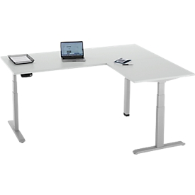 Table d'angle 90°, réglage électrique de la hauteur, technique à 3 moteurs, jusqu'à 150 kg, piétement en T, L 2000 x P 1600 mm, y compris Memorymaster, gris clair