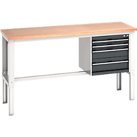 Table de travail Bott, réglable en hauteur manuellement, plateau en hêtre multiplex, L 2000 x P 750 x H 740-1140 mm, jusqu'à 600 kg, gris clair/gris anthracite