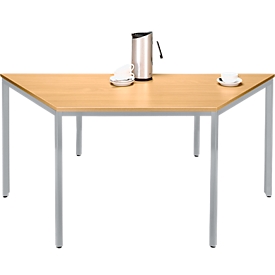 Table en tubes d'acier « Pure » de Schäfer Shop, forme trapézoïdale, pieds en tubes carrés, L 1 600 x P 800 x H 720 mm, hêtre/aluminium blanc