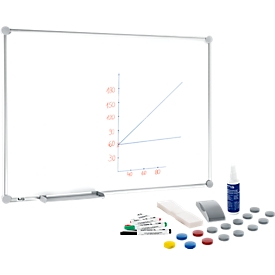 Tableau blanc 2000 MAULpro - cadre alu - surface plastifiée - l. 1200 x H 900 mm  + lot de 31 accessoires - gris argenté