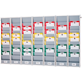 Tableau de planification Eichner Flexo, jeu de 7, avec profilé mural, 10 rails par tableau, pour jusqu'à 70 pochettes de commande, L 1700 x P 100 x H 1280 mm, plastique, gris