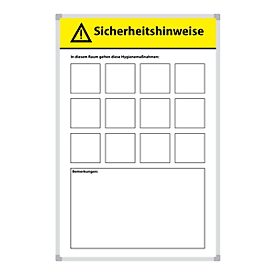 Tableau magnétique Instructions d'hygiène, 12 aimants jaunes, inscriptibles, tôle d'acier/aluminium, blanc, L 450 x H 600 mm