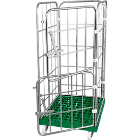 Tablero rodante de plástico, 2 rejillas laterales, 1 pared trasera, 2 semiparedes delanteras, verde RAL6024