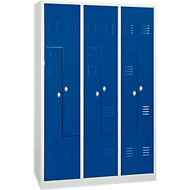 Taquilla de 6 compartimentos, con zócalo, 6 compartimentos, con puertas en Z, cerradura giratoria, gris claro/azul genciana