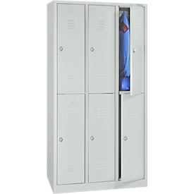 Taquilla, dos niveles, 2 x 3 compartimentos, cierre de pasador giratorio, gris luminoso RAL 7035/gris luminoso RAL 7035