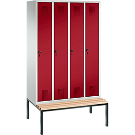 Taquilla Evolo S 3000, acero, con banco integrado, 4 comp. de An 300 mm c.u., cierre de pasador giratorio de seguridad, gris luminoso RAL 7035/rojo rubí RAL 3003