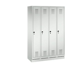 Taquilla Evolo S 3000, acero, con zócalo, 4 comp. de An 300 mm c.u., cierre de pasador giratorio de seguridad, gris luminoso RAL 7035/gris luminoso RAL 7035