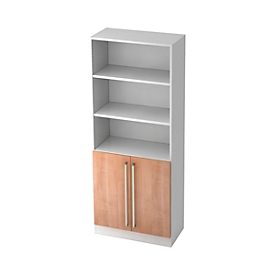 TARVIS combi-boekenkast, 5 OH, 3 open vakken + 2 deuren met greep, B 800 x D 420 x H 2004 mm, wit/notenhoutdecor