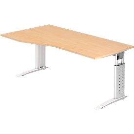 TARVIS desk, free-form, W 1800 x D 800/1000 x H 680-820 mm, frame white, maple finish