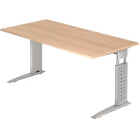 TARVIS Writing Desk, C-leg, rectangular, W 1600 mm, silver frame, height adjustable, oak finish