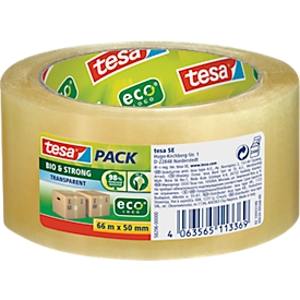 tesa® Bio &amp; Strong packing tape, robust, tear-resistant, solvent-free, natural rubber, 1 roll with L 66 m x W 50 mm, transparent