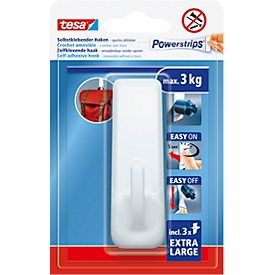 tesa® Crochet adhésif extra large, autocollant, force de maintien de 3 kg, réutilisable, blanc, rectangle